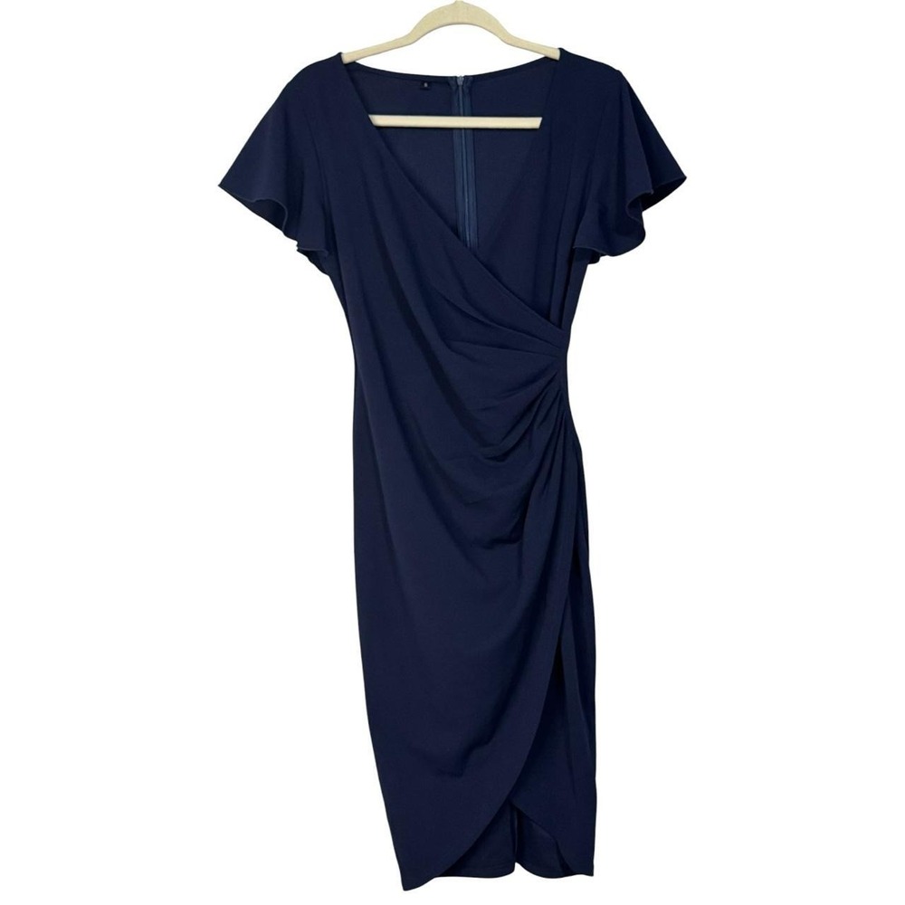 Navy Blue Midi Dress Ruffle Flutter Sleeve Wrap Front Ruched Party Workwear S